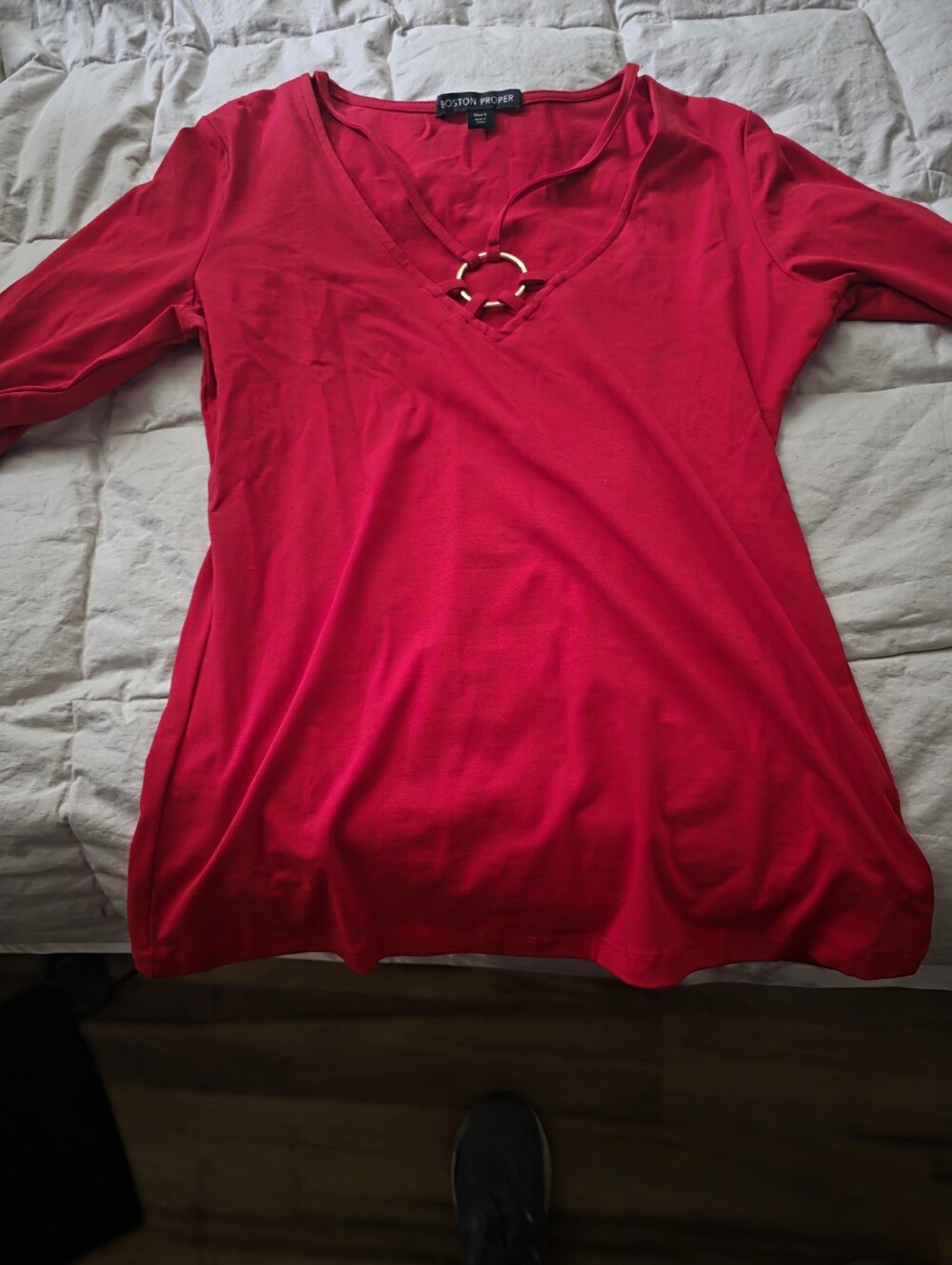 Boston Proper Bright Red V-Neck Top with Gold Ring Accent